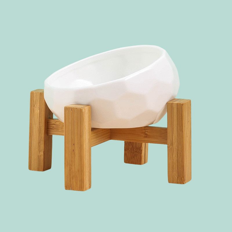 Pakypet Ceramic Dog Food Bowl White with Wooden Base