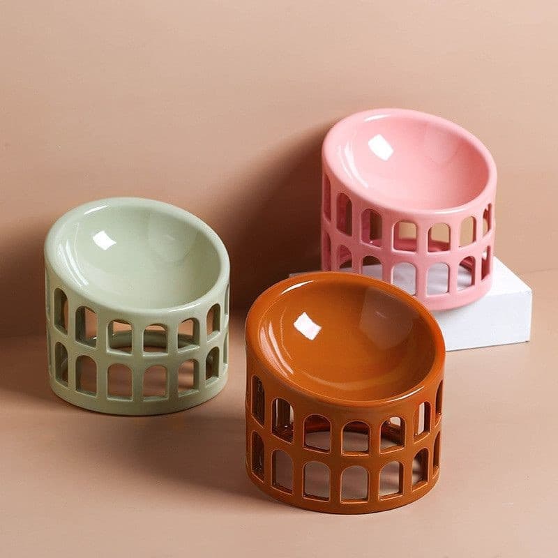 Ceramic Pink Green and Brown Cat Food Bowls