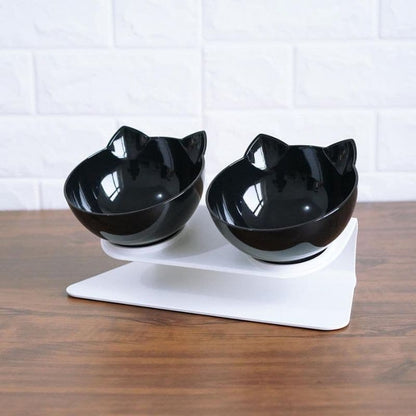 Elevated Double Cat Shaped Food Bowl Black and White