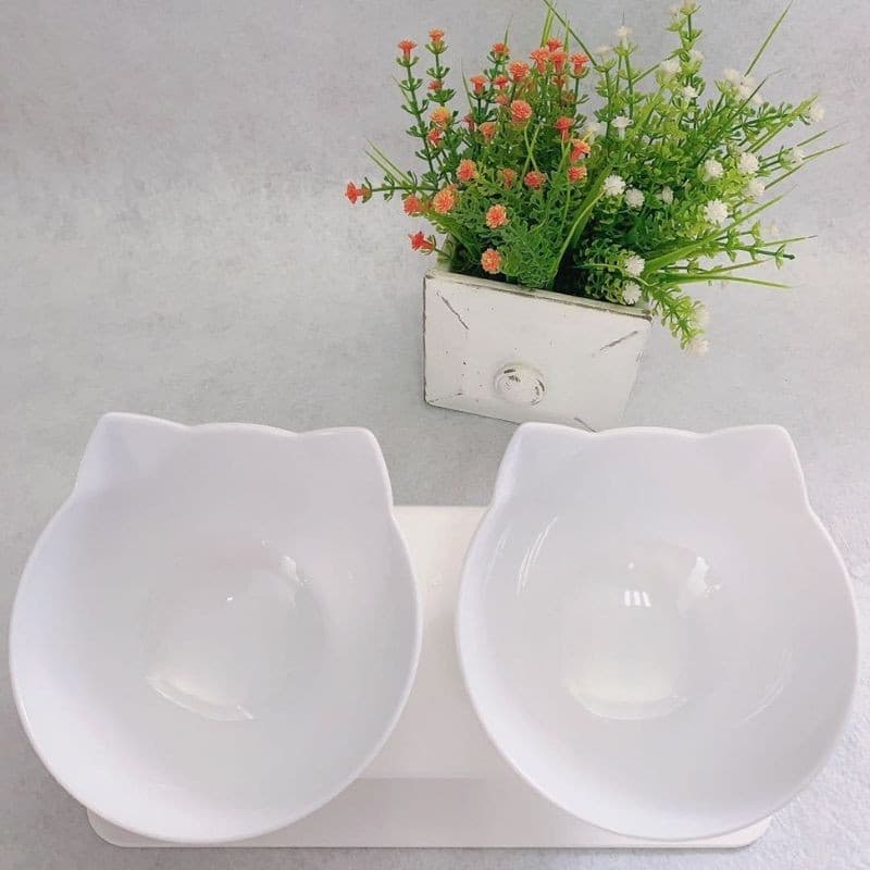 Elevated Double Cat Shaped Food Bowl White