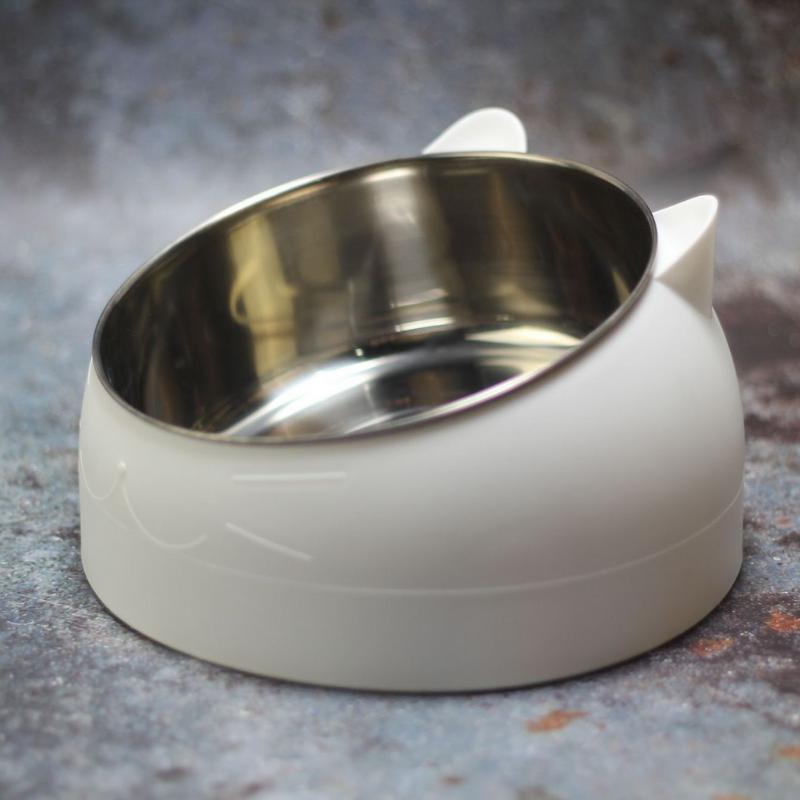 Oblique Cat Food Bowl Plastic Metal White
