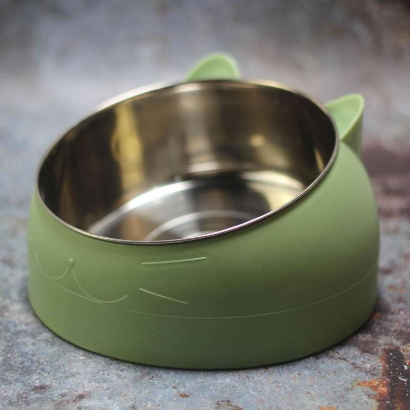 Oblique Cat Food Bowl Plastic Metal Green