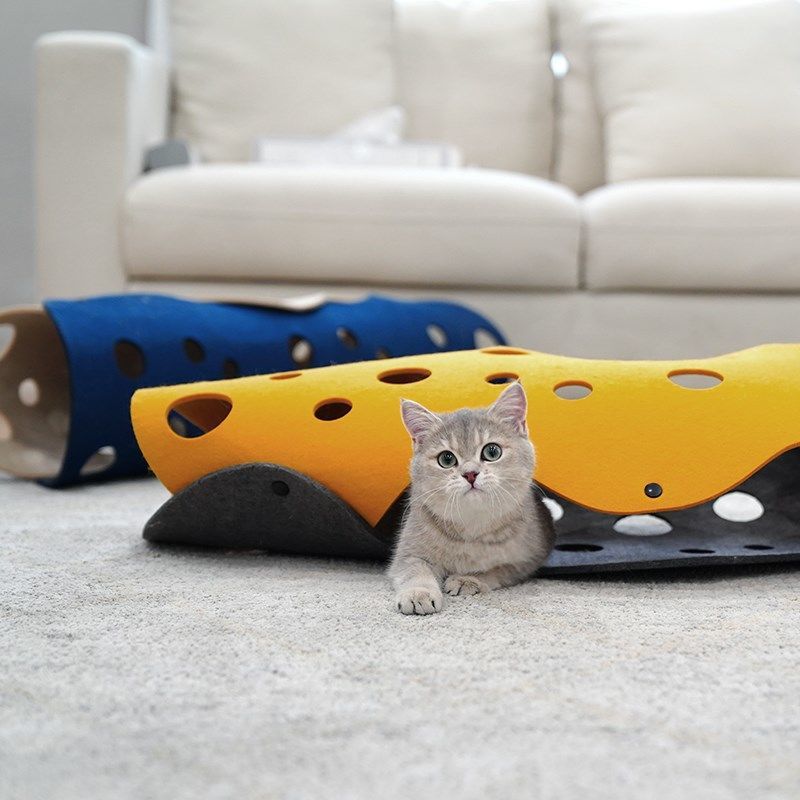 DIY Cat play tunnel with holes in felt Yellow and Dark Gray