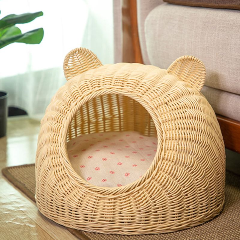 Semi-Enclosed Cat Rattan House Bed Natural