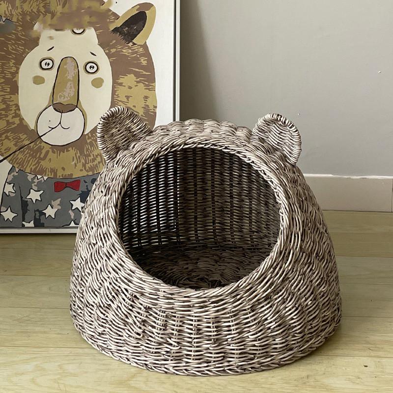 Semi-Enclosed Cat Rattan House Bed Gray